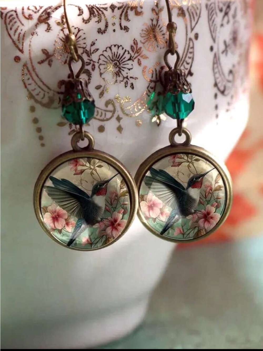 Hummingbird Floral Drop Earrings - Green / Antique Brass